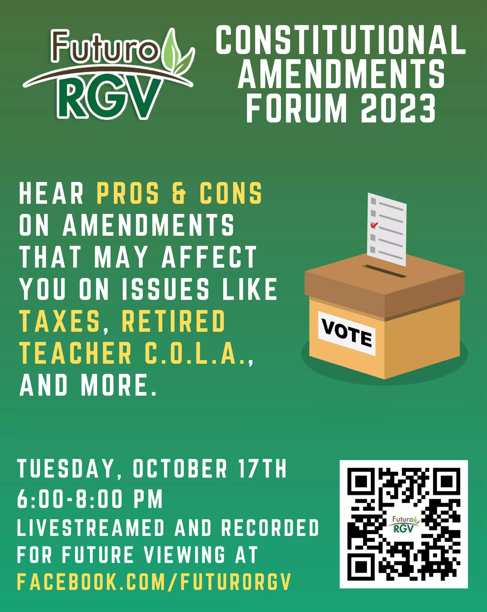 Futuro RGV to broadcast “Constitutional Amendments Forum 2023” on Tuesday, October 17, 2023 from 6 p.m. to 8 p.m. on its Facebook, then maintain videotaped recording of the symposium until November 7, 2023 election - Titans of the Texas Legislature